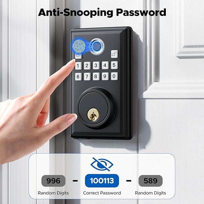 CAMCAMP Keyless Entry Door Lock, Fingerprint Door Lock with APP Remote Control, Smart Lock for Front Door/Bedroom, Easy-to-Install Keypad Deadbolt, Auto-Locking, 4 AA Batteries Include