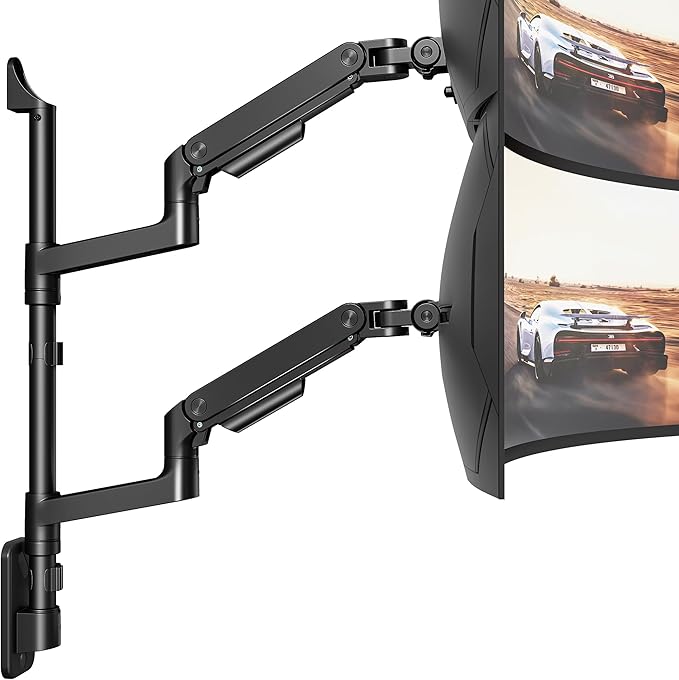 ARES WING Dual Monitor Wall Mount for 17-49 Inch Ultrawide Screens, Heavy Duty Wall Mount Monitor Arm Holds 44 lbs Each, Fully Adjustable Gas Spring Monitor Arm, 75x75/100x100 VESA Mount, Black