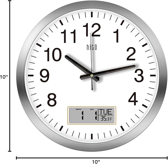 HITO 16 Inch Silent Wall Clock Battery Operated with Temperature and Date, Large Wall Clock for Living Room Decor, Office, Classroom, Bedroom