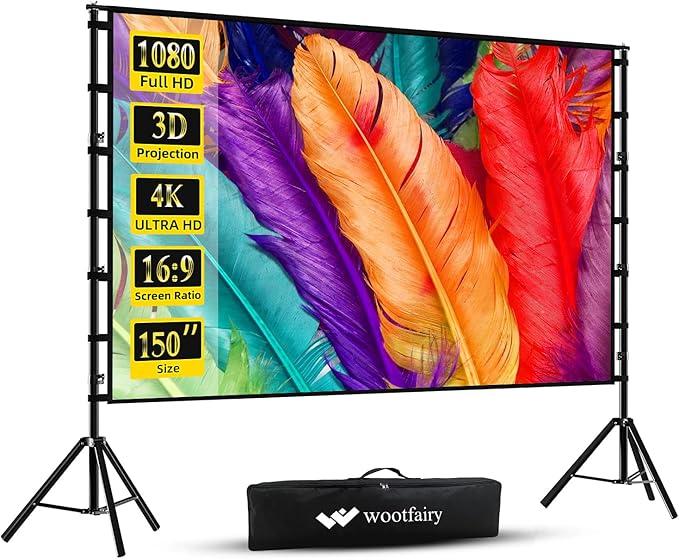 Projector Screen with Stand, Wootfairy 150 inch Portable and Foldable Projection Screen 4K HD 16:9 Rear Front Wrinkle-Free Movie Screen with Carry Bag for Indoor Outdoor Home Theater Backyard Cinema