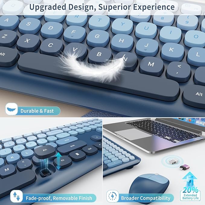 HotFox Wireless Keyboard and Mouse Combo, Full-Size Retro Typewriter Keyboard with Round Keycaps, Ergonomic Design for Windows PC, Home and Office Use -Blue
