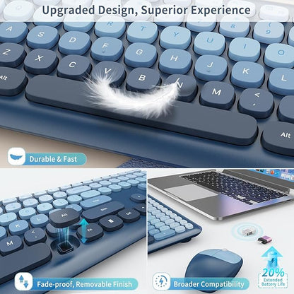 HotFox Wireless Keyboard and Mouse Combo, Full-Size Retro Typewriter Keyboard with Round Keycaps, Ergonomic Design for Windows PC, Home and Office Use -Blue