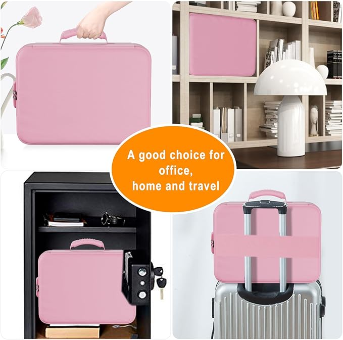 DocSafe 5200°F Document Organizer with Lock,Upgraded Heat Insulated Fireproof＆Waterproof Box 8 Layers File Organizer,Portable Home Travel Safe Storage for Important Documents, Files,Pink (Soft)