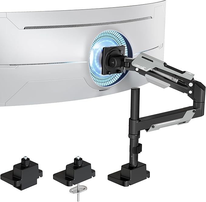 ARES WING CoreArm Single Monitor Mount, Ultrawide Monitor Arm for 24 to 57'' Heavy Duty Curved Screen, Adjustable Gas Spring Monitors Arm Stand up to 66LBS with 75/100/200 Vesa Mount, Black