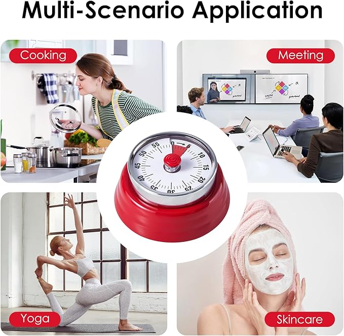 Visual Timer, Teeloray 60-Minute Countdown Timer, Kitchen Timer with Magnetic Base, Mechanical Clockwork, Ringer Alert, Time Management Tool for Children and Adults, Study/Work/Cooking (Red)