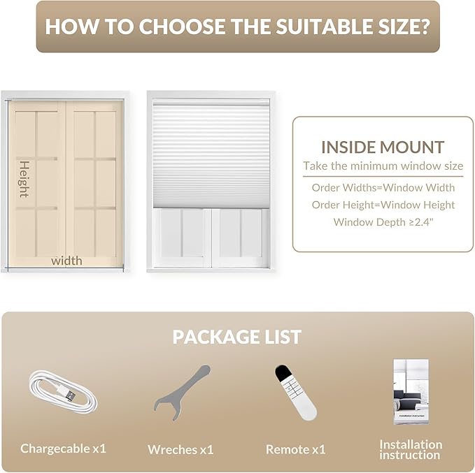 Boolegon No Drill Motorized Cellular Blinds with Remote Motorized Blackout Honeycomb Blinds for Indoor Windows Easy to Install Automatic Cellular Shades for Home,Light Filtering Beige,Custom Size