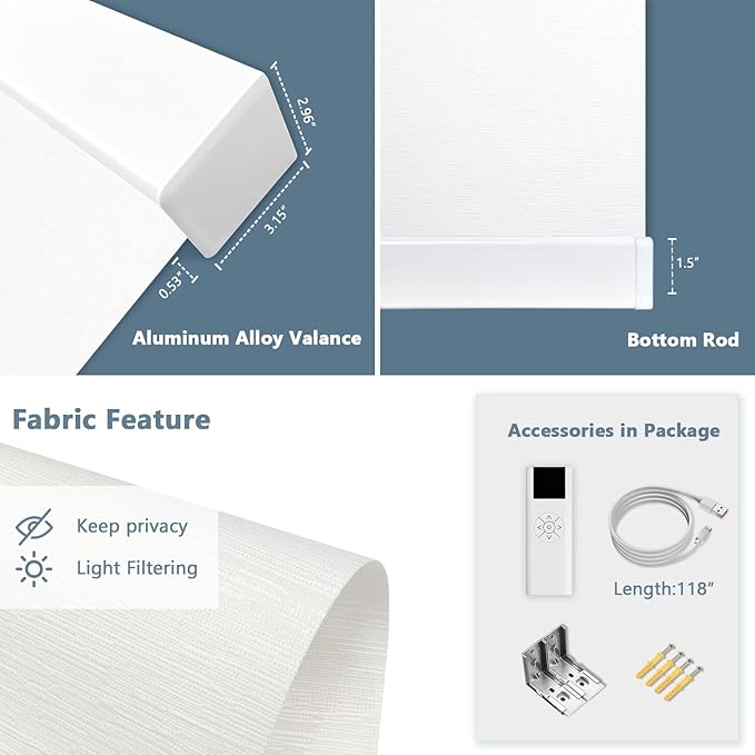 COOLWINDS Motorized Blinds with Remote Cordless Automatic Motorized Shades Custom Blinds for Windows Smart Curtains Compatible with Alexa Google Home(Light Filtering Jacquard White,W38 x H72in)