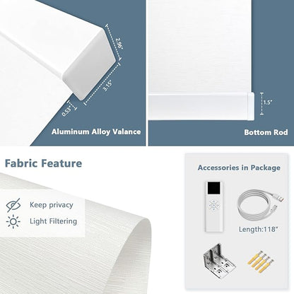 COOLWINDS Motorized Blinds with Remote Cordless Automatic Motorized Shades Custom Blinds for Windows Smart Curtains Compatible with Alexa Google Home(Light Filtering Jacquard White,W38 x H72in)