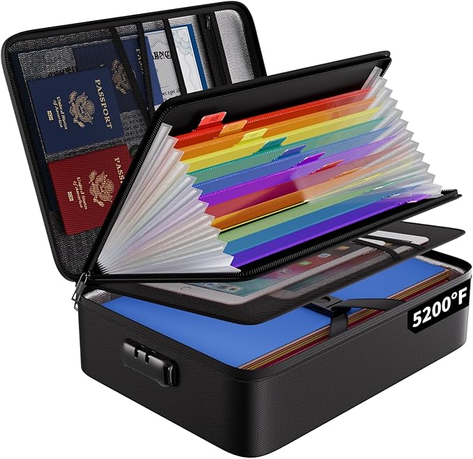 ENGPOW Fireproof File Organizer Bag with 13 Colorful Pockets Accordion File Folder,5200℉ Document Organizer Box with Lock&Labels,Multi-Layer Portable Home Safe Storage for Important Documents,Files