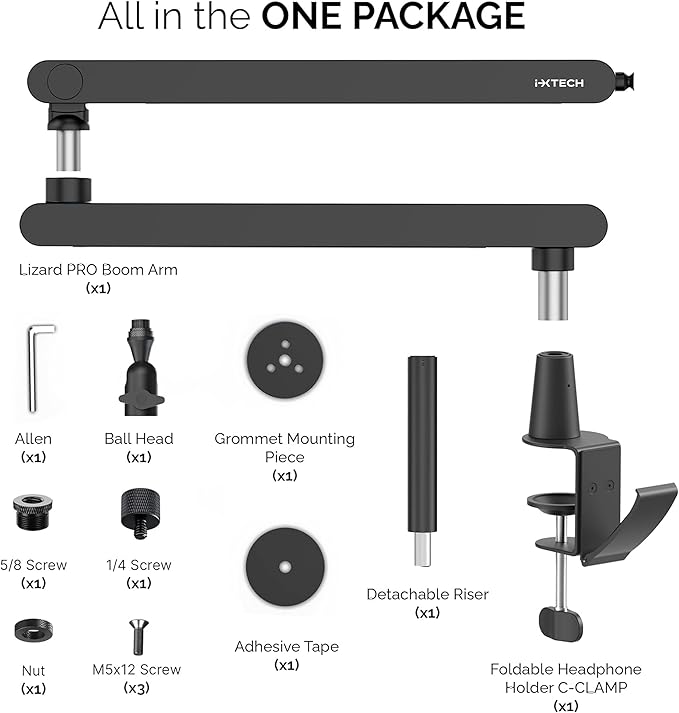 IXTECH Mic Boom Arm Stand LP Microphone Stand Low Profile Microphone Arm Adjustable for Blue Yeti Shure Sm7b Hyperx QuadCast Rode Fifine and At2020 360° Mic Arm for Gaming Podcasting.