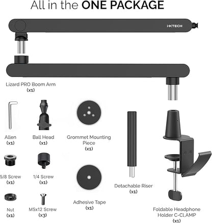 IXTECH Mic Boom Arm Stand LP Microphone Stand Low Profile Microphone Arm Adjustable for Blue Yeti Shure Sm7b Hyperx QuadCast Rode Fifine and At2020 360° Mic Arm for Gaming Podcasting.