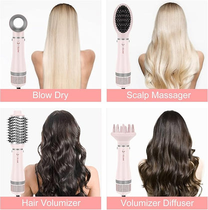 IG INGLAM 4 in 1 Blowout Hair Dryer Brush Set - Negative Ion Detachable Hair Dryer, Volumizer Styler with 2 Brush Heads, Pink