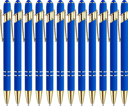 LINFANC 12 Pack Blue Gold Ballpoint Pen with Stylus Tip, 1.0 mm Black Ink Smooth Writing Pens, Metal Stylus Pens for Touch Screens