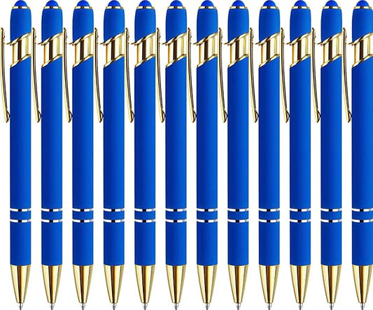 LINFANC 12 Pack Blue Gold Ballpoint Pen with Stylus Tip, 1.0 mm Black Ink Smooth Writing Pens, Metal Stylus Pens for Touch Screens