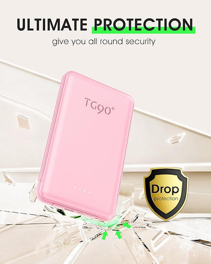 TG90° 5000mAh Portable Charger Built-in AC Wall Plug and Cables, Slim Fast Charging Power Bank, Pocket Size USB C External Battery Pack Compatible with iPhone 17 16 15 14 13 12 Samsung Google iPad