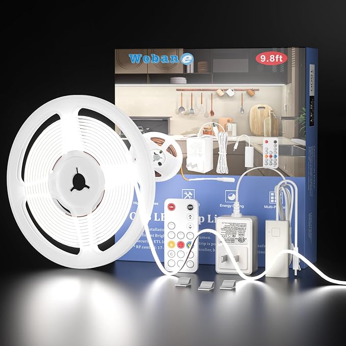 WOBANE Dimmable COB LED Strip Light, 9.8ft Under Cabinet Lighting with Remote Control, 6000K White, Kitchen, Ceiling, Room, Closet, Counter, CRI90+, 1500lm, Timing, ETL Adapter