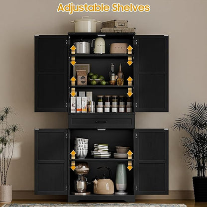 72" Kitchen Pantry Storage Cabinet, Farmhouse Style With Adjustable Shelves, Large Capacity Drawer, Freestanding Cupboard for Kitchen, Dining Room, Living Room, Black
