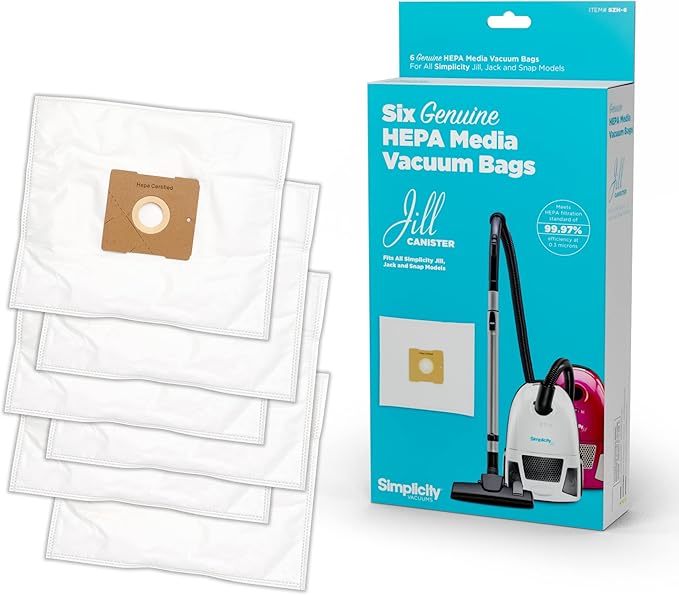 Simplicity Vacuums SZH-6 Jill Canister Vacuum Replacement Bags with Certified Hepa Media, Fits with Simplicity Jill, Jack, and Snap Bagged Vacuum Canister Models, Type Z Bags, 6-pack Set