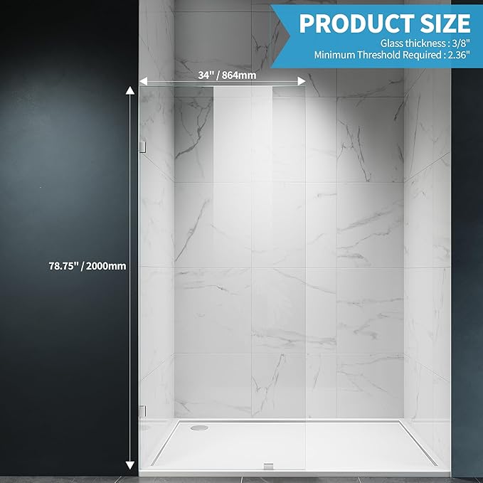 Shower Glass Panel, 34" W x 78.75" H Fixed Shower Screen Panel with 3/8"(10mm) SGCC Clear Tempered Glass, Frameless Walk in Shower Door for Bathroom (Chrome, 34" W x 78.75" H)