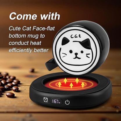Coffee Mug Warmer with Cute Cat Mug Set, 8 Hour Auto Shut Off Cup Warmer for Desk Office Home, Candle Beverage Electric Coffee Warmer with 4 Temperature Setting, Christmas Birthday Ideas for Women Men