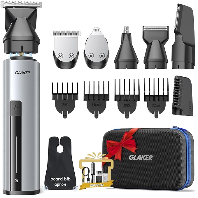 GLAKER Beard Grooming Kit - All in One Hair Cutting Kits, Electronic Shaving Razor, Professional Barber Kit, Mens Body Hair Shaver, Cordless Nose Hair Trimmer, Rechargeable Hair Clippers for Men