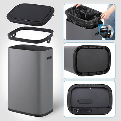 14.5 Gal/55L Trash Can with Lid, Automatic Touchless Garbage Can with Soft-Close Lid & Handle, Stainless Steel Waste Basket Motion Sensor Trash Can for Kitchen, Bathroom,Grey(No Inner Bucket)