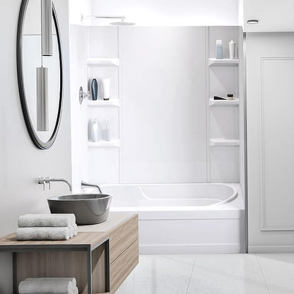 White Polystyrene Tub Wall Surround 32"x 60"x 58" - Waterproof, Easy-to-Install, Two Shelf Units Kit Included - Bathtub Wall Surround Panels - Plain Pattern, Basic Shelves - Noah William Home