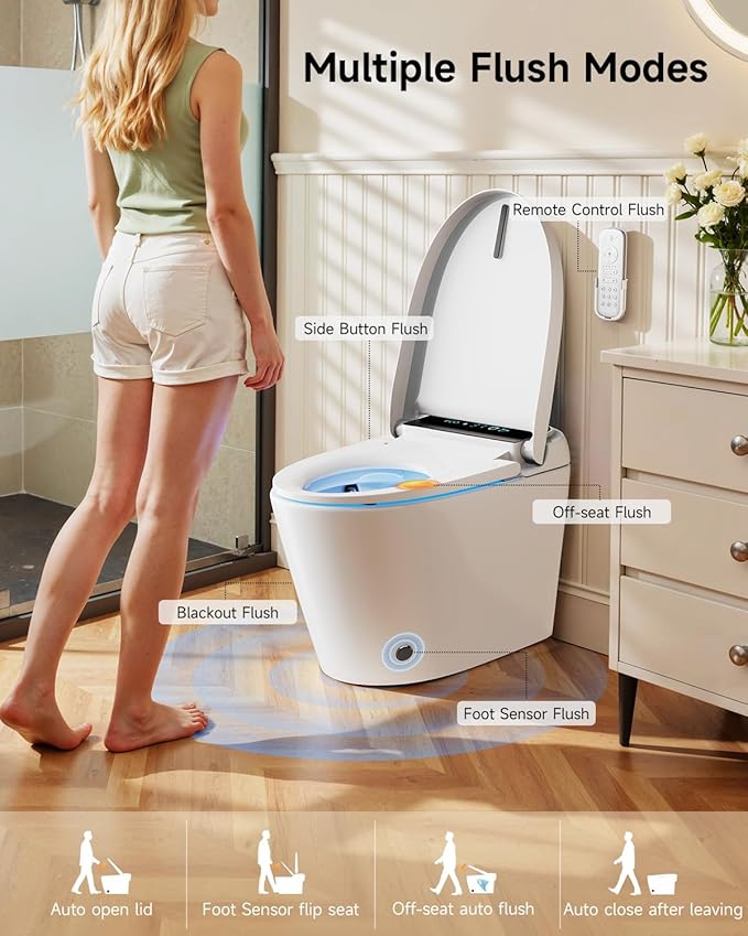 WANSID Smart Toilet with Bidet Built-in and Tankless, Auto Open/Close, Heated Seat, Instant Warm Water & Dryer, Foot Sensor Operation, Elongated One-Piece Modern Toilet for Bathroom, Digital Display