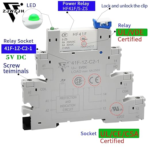 10Pcs 5 Volt Relay Miniature Power Relay 5V DC 6Amp SPDT with LED Indicator Socket Base 41F-1Z-C2 with Jumper Separator Socket Base DIN Rail UL Certification