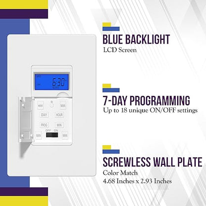 ENERLITES 7 Days Digital in-Wall Programmable Timer Switch for Lights, Fans, and Motors, Neutral Wire Required,7-Day 18 ON/Off Timer Settings, with Blue Backlight, UL Listed, HET01, White, 2 Pack