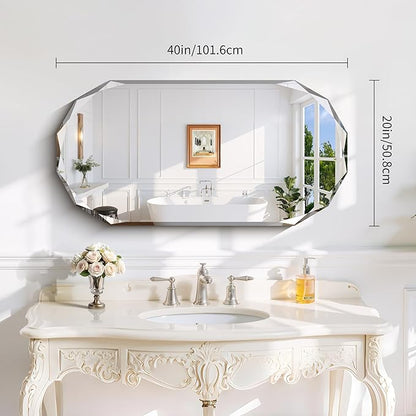 GLASHOM Beveled Edge Frameless Bathroom Mirror, Oval Wall Mirror for Over Sink, 20" x 40" Modern Decorative Vanity Mirror for Bedroom, Living Room,Entryway, Hanging Mirror Horizontal or Vertical