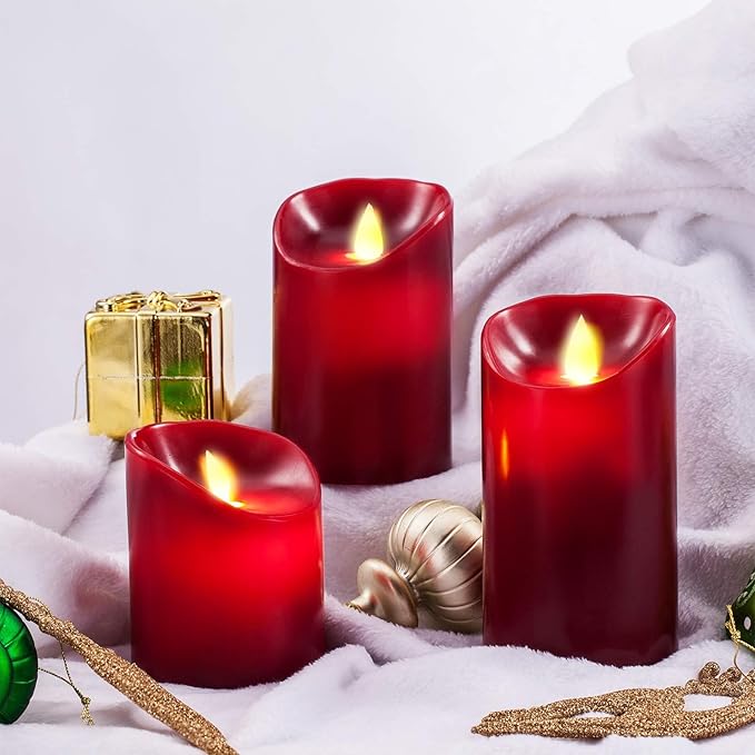 Flameless LED 4/5/6-Inch Drip-Less Wax Pillar Candles - Real Wax & Real Flickering Candle Motion - with Remote 24-Hour Timer Function,Burgundy Color,Sets of 3