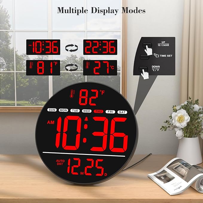 WallarGe Large Digital Wall Clock with LED Display, Electric Wall Clock with Temperature, Auto DST, Date, and Day, 5-Level Brightness for Office, Bedroom, Living Room, Classroom Décor