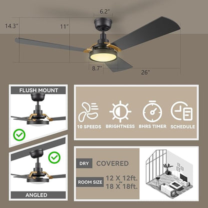 SMAAIR 52 Inch Smart Wifi Ceiling Fans with Dimmable LED Lights and Remote, Compatible with Alexa/Google Home/Siri/APP, Outdoor DC Fans with 10 Speeds, Timer/Schedule,Black/Gold