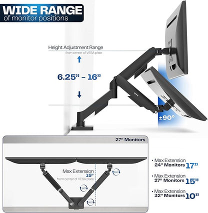 VIVO Dual Monitor up to 32 inches and 19.8 lbs per Screen, Pneumatic Arm Desk Mount, Articulating Counterbalance, VESA Stand, Classic, STAND-V002O