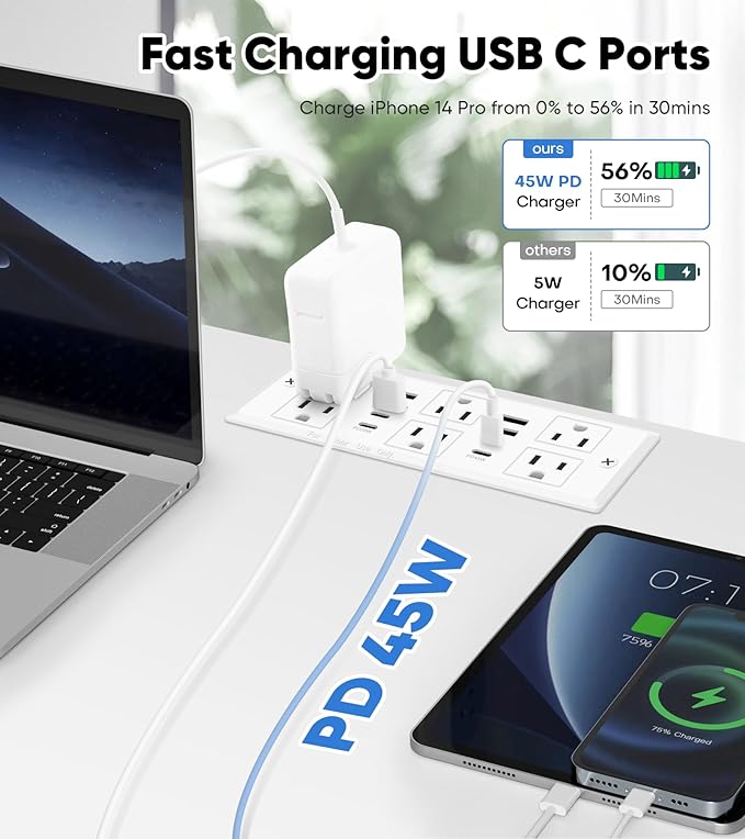 Recessed Power Strip with 45W USB C, Furniture Desk Flush Mount Outlet, Ultra Thin Flat Plug Power Strip, 6 Outlets & 8 USB Ports, 10FT Cord (White)