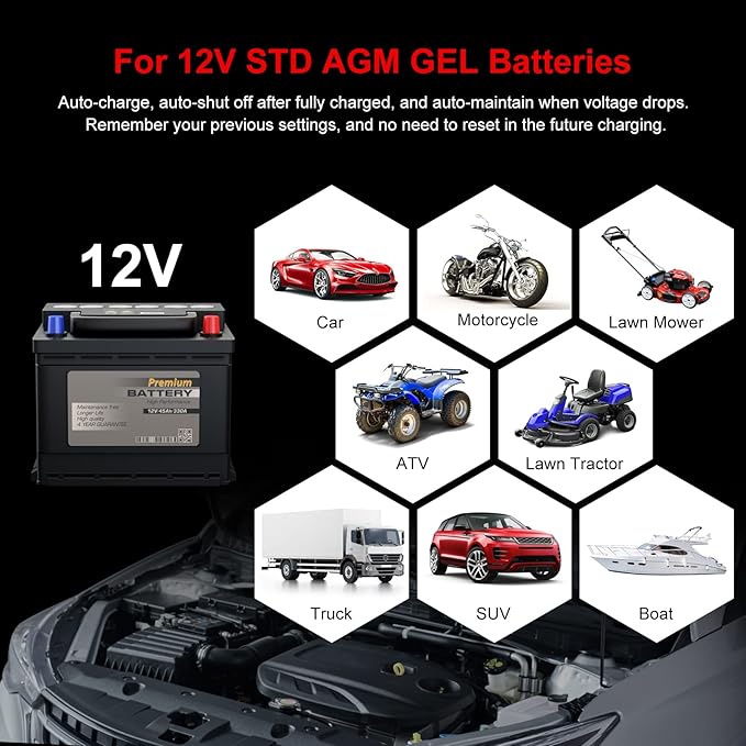 TowerTop 2/10/25 Amp 12V Smart Car Battery Charger, Fully Automatic Battery Maintainer with Engine Start, Auto Desulfator, Battery Repair, Winter Mode, for AGM, STD, Gel, Deep Cycle Batteries