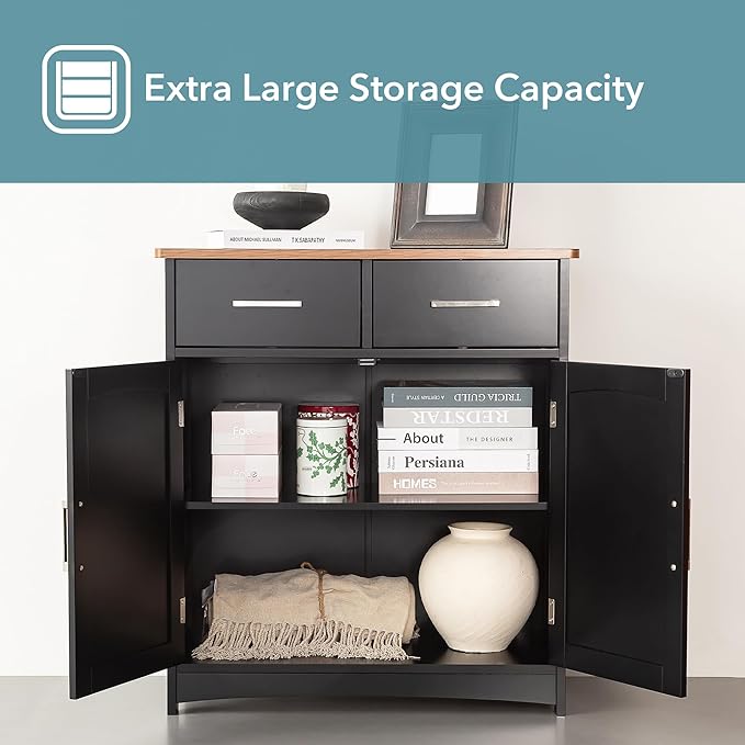 Buffet Cabinet with Storage, Coffee Bar Cabinet 26 x 30 Inches, Oak Top Sideboard Cabinet, Matte Black Finish, Anti-Fall Drawers, Arched Doors, Adjustable Shelves