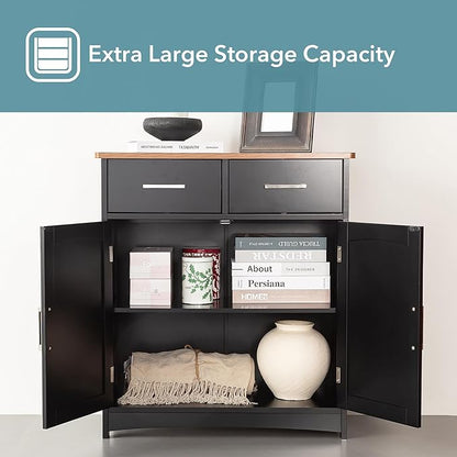 Buffet Cabinet with Storage, Coffee Bar Cabinet 26 x 30 Inches, Oak Top Sideboard Cabinet, Matte Black Finish, Anti-Fall Drawers, Arched Doors, Adjustable Shelves