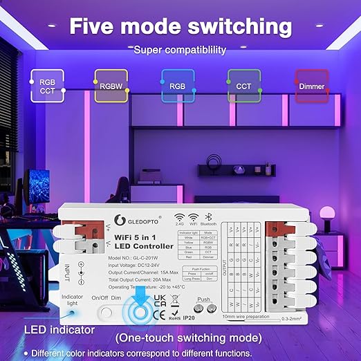 GLEDOPTO WiFi Bluetooth 5 in 1 LED Strip Controller DC12-24V 20A Current RGBCCT RGBW RGB CCT WWCW Dimmer Five Modes in One Work with Tuya Smart Life App Control for PWM Dimming Strip Light Easy Wiring