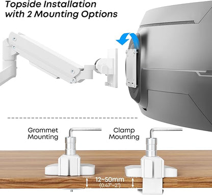Premium Heavy Duty Monitor Arm for 17 to 49 inch Screens up to 44lbs, Fully Adjustable Ultrawide Single Clamp-on Desk Mount Stand, VESA 75x75/100x100mm (White)