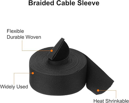 MECCANIXITY Braided Cable Sleeves Heat Shrinkable Fabric Sleeving, 1 1/4" 26ft Black 2:1 Ratio Heat Shrinkable Cord Protector for Harness Cable, Network Cable Protection, Cable Management