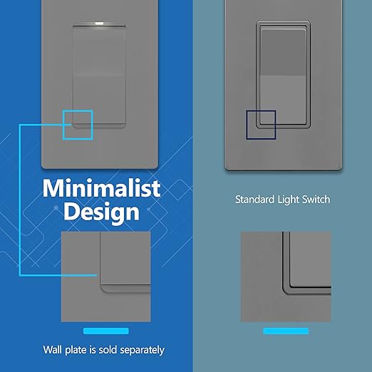 LIDER Minimalist Design Matte Finish Lighted Decorator Switch, Frameless Paddle Light Switch with Locator Light, Grounding Screw, 15A 125V, UL Listed, LS15-1P-GY5P, Gray, 5 Pack, Single Pole