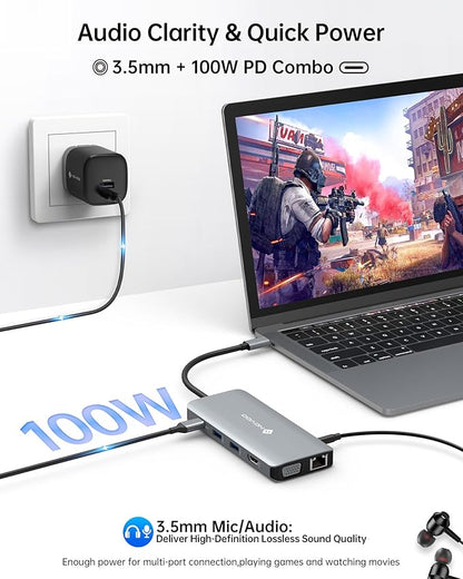NOVOO USB C Hub, 11-in-1 Docking Station Multiport Adapter with 4K USB C to HDMI, VGA, Gigabit Ethernet, 100W PD, 3 USB-A 5 Gbps, MicroSD/SD Card Reader, Dock for Most Type-C Devices