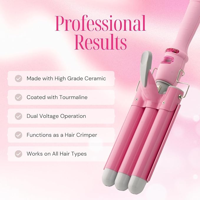 Alure Three Barrel Curling Iron Wand Hair Waver with LCD Temperature Display - 1 Inch Ceramic Tourmaline Triple Barrels, Dual Voltage Crimp (White/Pink)