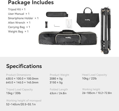 SmallRig CT200 72.8"/200cm Horizontal Overhead Tripod for Camera with Smartphone Holder & Carrying Bag, 33lb Max Load Aluminum Horizontal Camera Tripod for Overhead Shots