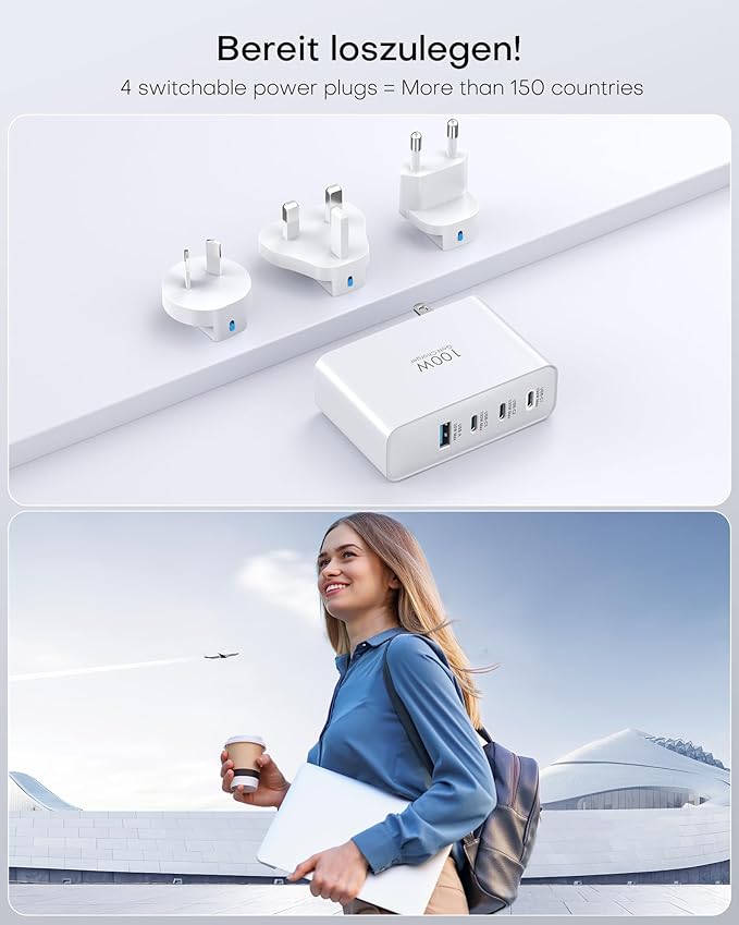 Topadre 100W USB C Travel Charger, 4-Ports Foldable Travel Adapter Plug Converter with UK/EU/AU Plugs,Fast Charging for Macbook Pro/Air,for iPad Pro/iPhone 16/15 Pro Max, for 45w Samsung Galaxy, White