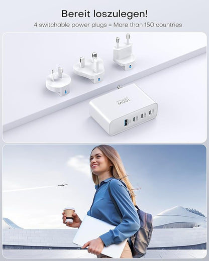 Topadre 100W USB C Travel Charger, 4-Ports Foldable Travel Adapter Plug Converter with UK/EU/AU Plugs,Fast Charging for Macbook Pro/Air,for iPad Pro/iPhone 16/15 Pro Max, for 45w Samsung Galaxy, White