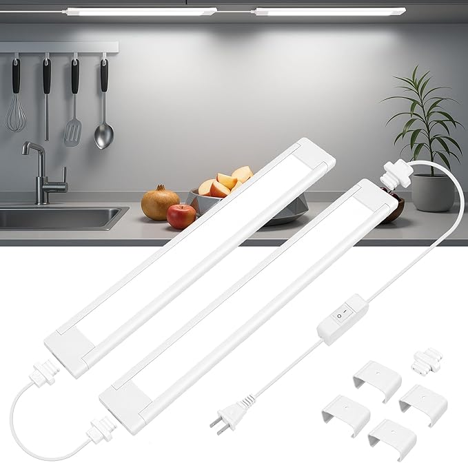 maylit Under Cabinet Lighting Plug in, 2 Pcs 14 Inch Linkable Ultra Bright LED Light Bars, Renter Friendly Lamp, Wired Indoor Lights for Kitchen Cabinet, Counter, Workbench, Desk, Shelf, Cool White