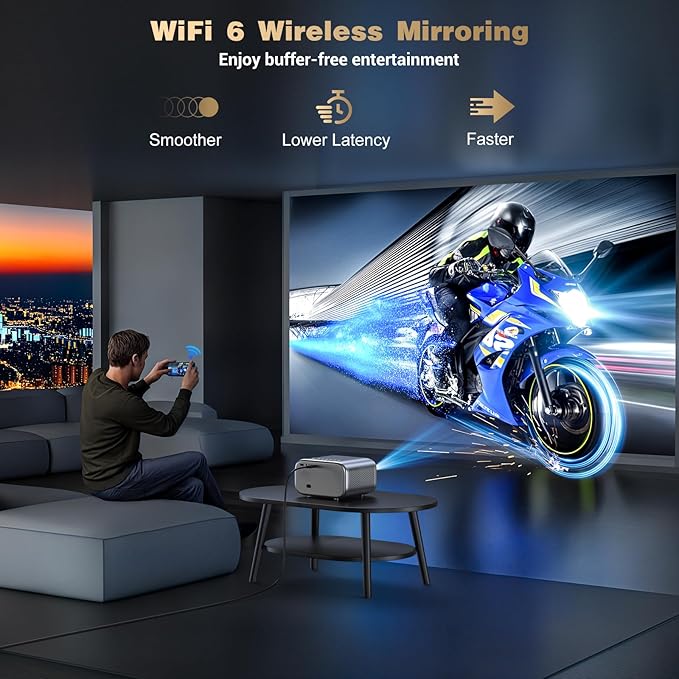 Projector with WiFi and Bluetooth: [Auto Focus/Keystone] - NICPOW Full HD 1080P 4K Supported Portable Bluetooth Projector for Gaming Devices and Phones - Ideal for Indoor Outdoor Use - Grey